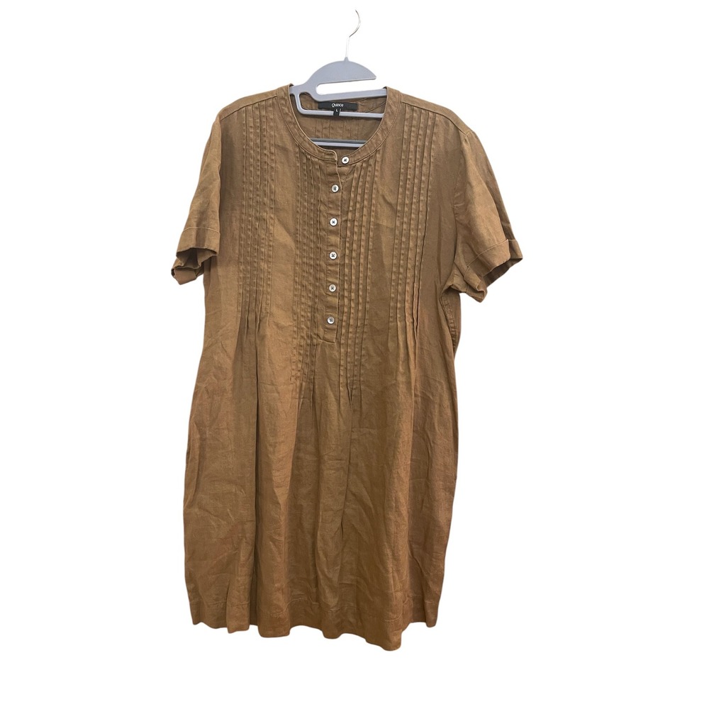 Quince Linen Pintuck Midi Dress Brown Button Front Relaxed Coastal Boho Large
